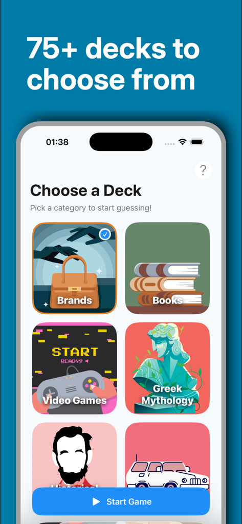 Charades Game - Guess Word - Pantalla de la aplicación móvil mostrando varias categorías de charadas incluyendo Marcas, Libros y Mitología Griega