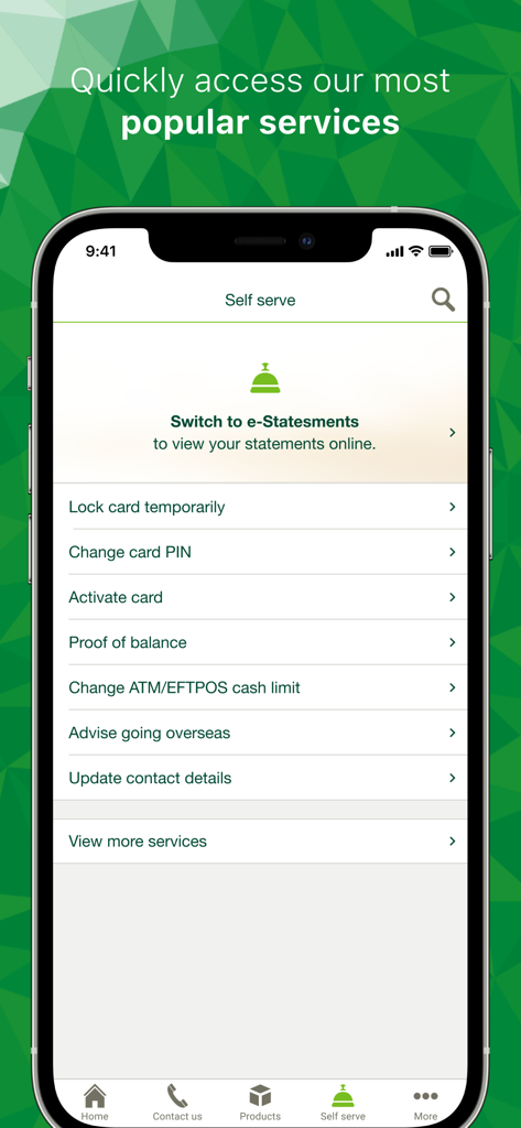 St.George Mobile Banking app self-serve screen showing card and account management options