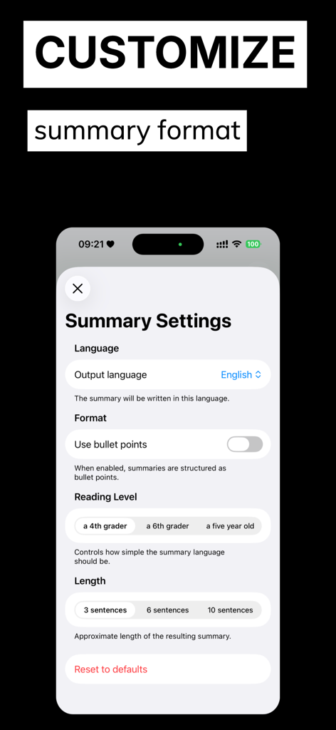 Text Summary TLDR: Simply - Une interface mobile montrant les paramètres de résumé pour l'application Simply avec des options pour personnaliser le niveau et la longueur de lecture.