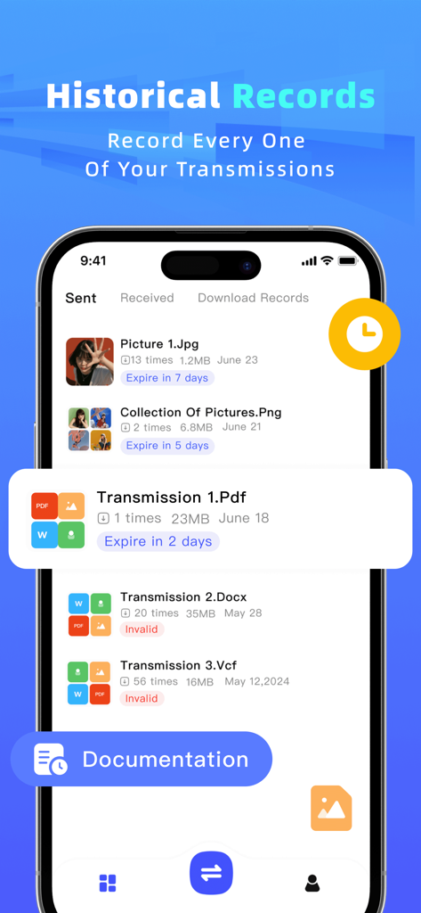 Historical records screen of the file sharing app showing a list of sent and received files with their expiration status