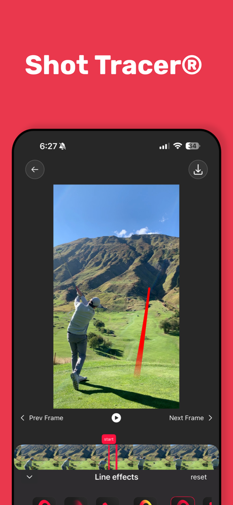 Shot Tracer app showing a red line tracking a golf ball flight in a video editor