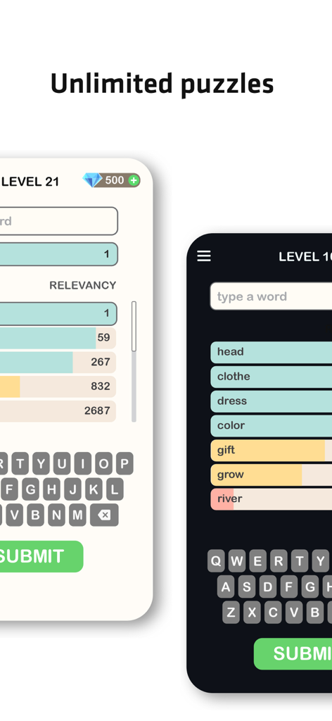 Contexto - Word Guess - Contexto Word Guess game interface displaying light and dark modes with word relevancy rankings