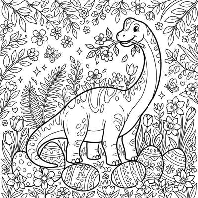 Discover a delightful coloring page featuring a gentle Brachiosaurus enjoying its plant-based diet amidst a festive Easter celebration. This unique scene combines prehistoric charm with blooming spring flowers and beautifully decorated eggs, perfect for a joyful coloring experience.
