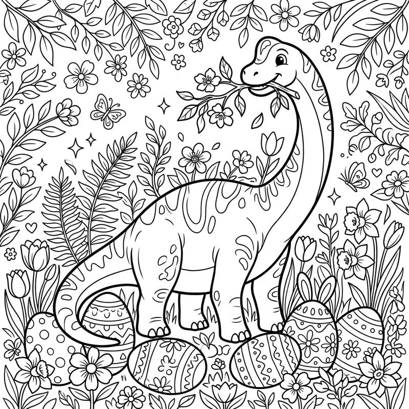 Discover a delightful coloring page featuring a gentle Brachiosaurus enjoying its plant-based diet amidst a festive Easter celebration. This unique scene combines prehistoric charm with blooming spring flowers and beautifully decorated eggs, perfect for a joyful coloring experience.