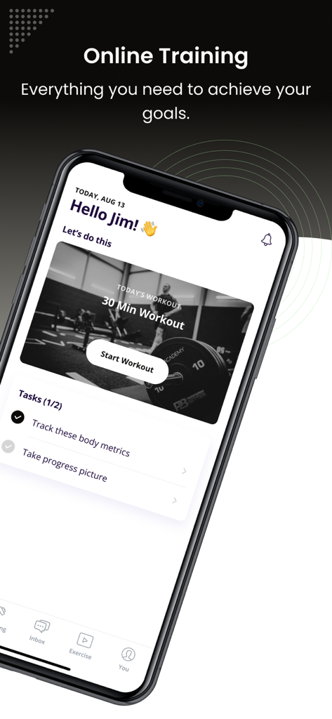 SW7 Academy - SW7 Academy app dashboard showing a 30 minute workout session and daily fitness tasks