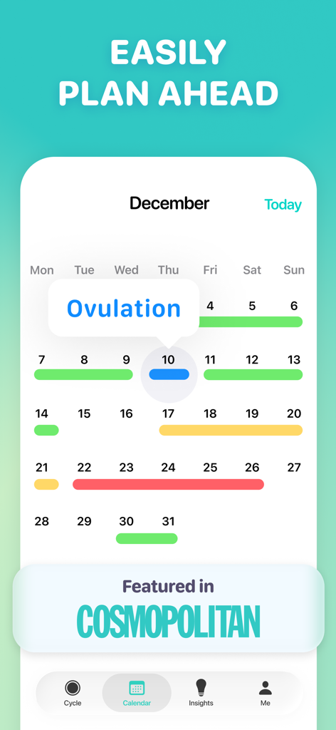 Cycles: Period & Cycle Tracker - Cycles app monthly calendar view showing period and ovulation predictions for planning ahead