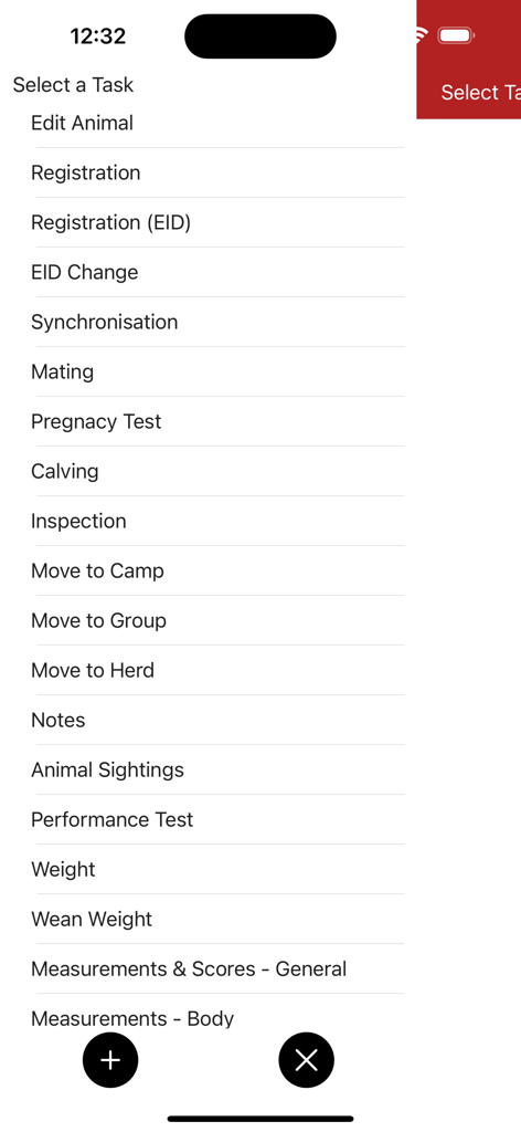 A list of livestock management tasks in the BenguFarm Mobile app including animal registration and health records