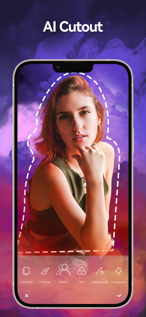 CamArt-Cut Out&Art Filters - A smartphone screen showing the CamArt app AI Cutout tool selecting a female subject against a colorful cloud background.