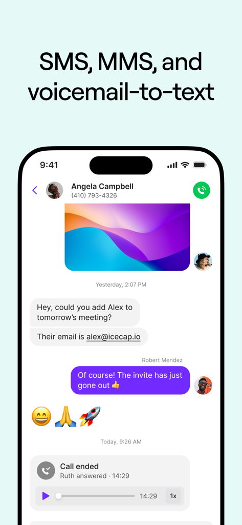 Interface of Quo app showing business SMS MMS and voicemail to text features