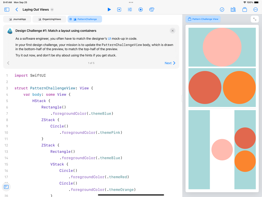 Swift Playgrounds app on iPad showing SwiftUI code for a design challenge alongside a live visual preview of the user interface layout