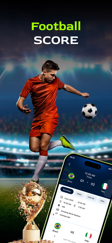 Live Football Score: Soccer TV - Smartphone screen displaying live football scores and match statistics with a soccer player and a trophy
