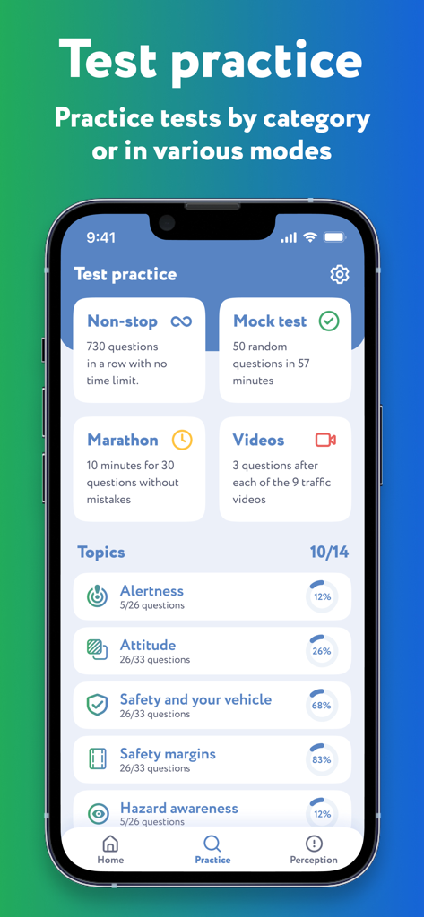 Driving Theory Test Kit – 2025 - Modos de prática e rastreamento de progresso de tópicos do teste de teoria de condução do Reino Unido