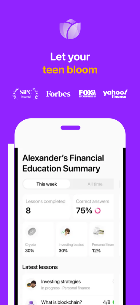 A dashboard of the Bloom app showing a teen financial education progress and lesson completion stats
