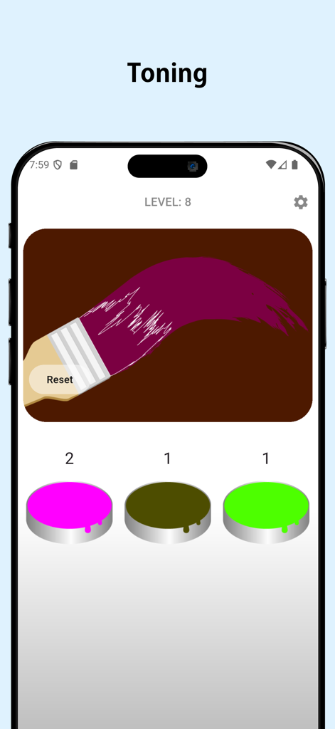 Interfaz de la aplicación Mixing Colors Lab mostrando un pincel mezclando colores para el nivel ocho.