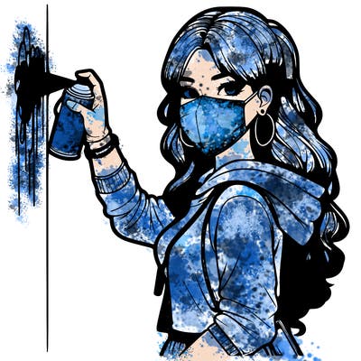realistic girl with mask spray painting a wall
