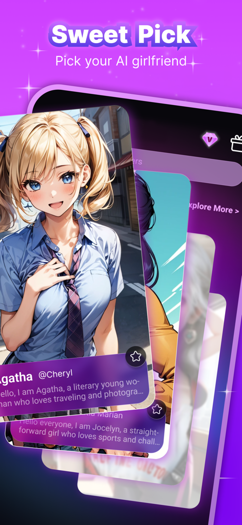 Cozy - Happy with AI Girl/Boy - A selection screen in the Cozy app titled Sweet Pick showing various anime-style AI girlfriend profiles to choose from.