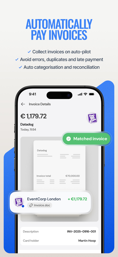 GoDutch Smart Business Account - GoDutch app interface showing automatic invoice payment and reconciliation feature