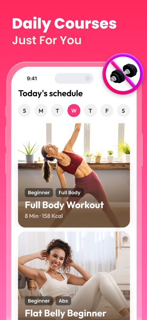 A mobile app screen displaying daily workout courses and a weekly fitness schedule for home exercise.