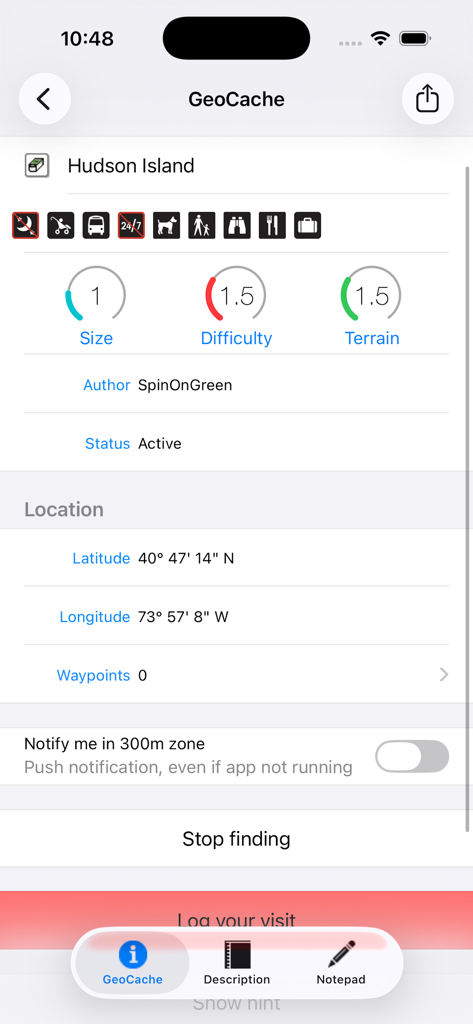 Tela de detalhes do Geocache no aplicativo GeoCaches mostrando coordenadas, dificuldade e informações de terreno