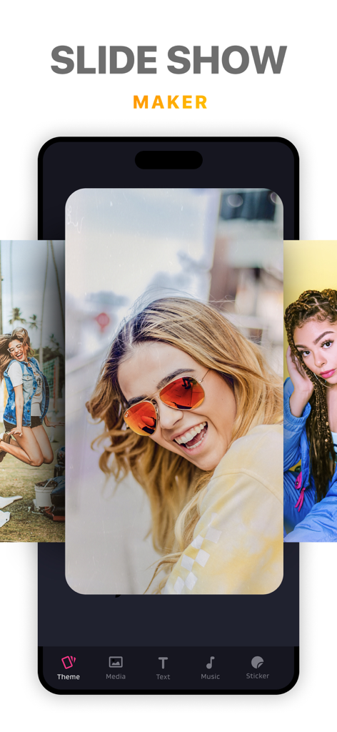 SlideShow Maker Photo Video · - Interface of the SlideShow Maker app displaying photo editing and slideshow creation tools