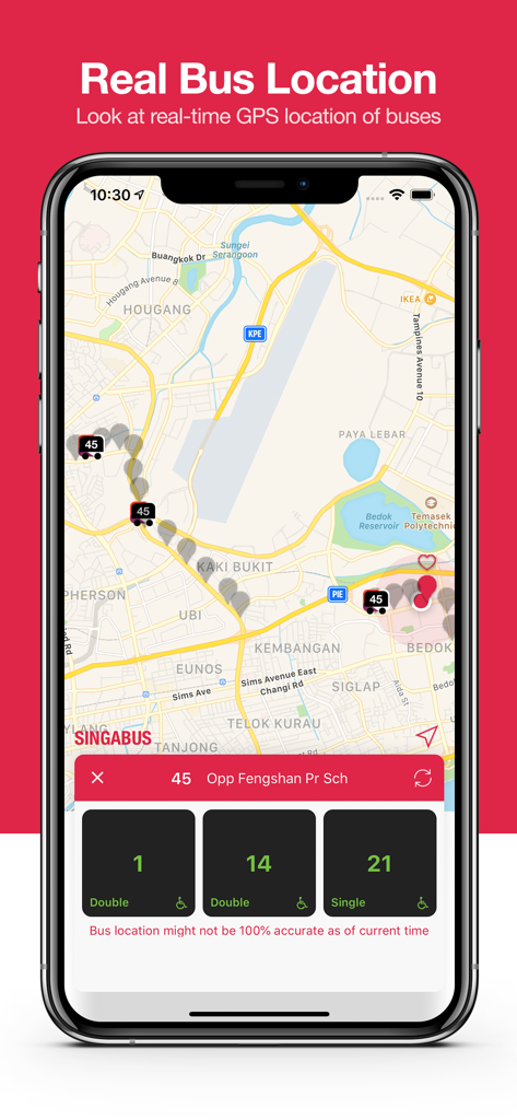 Singabus app interface showing live bus tracking on a map with real-time arrival times