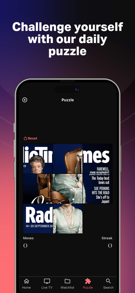 A smartphone displaying a daily sliding tile puzzle within the Radio Times app featuring a magazine cover challenge.