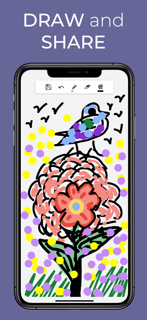 GOGH: Animated Drawings - A mobile phone screen showing the GOGH app drawing interface with a colorful sketch of a flower and a bird