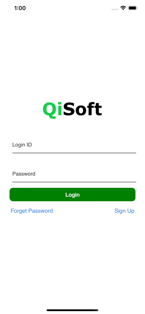 QiSoft Golf mobile app login interface with fields for ID and password