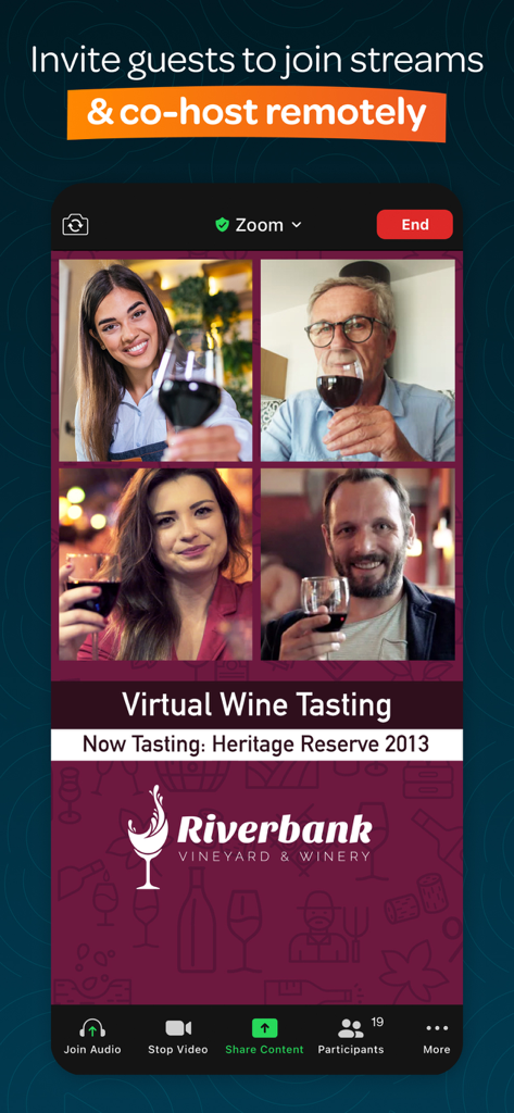 Switcher: Live Streaming App - 仮想ワインテイスティングのライブストリームを共同ホストする4人のリモートゲストの分割画面ビュー