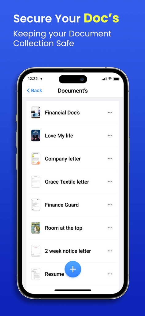 iPhone screen showing a list of secured private documents inside the Secret Photo Vault app