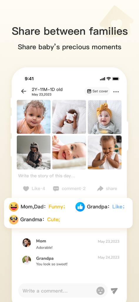 Bebememo - Smart Baby Journal - 가족 좋아요 및 댓글과 함께 아기 사진을 보여주는 Bebememo 앱 화면