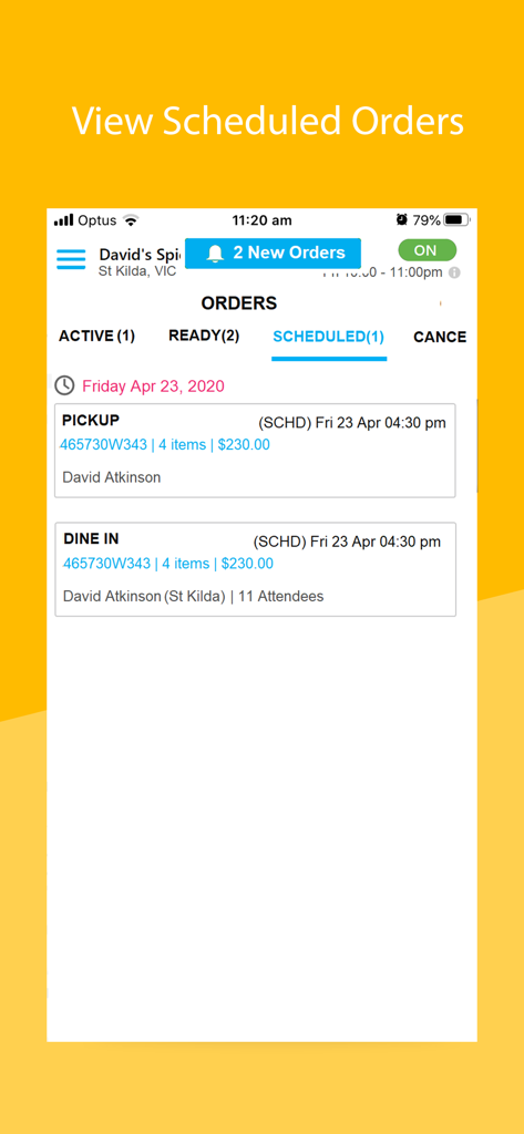 KRAVEiN Partner - KRAVEiN Partner app interface displaying scheduled pickup and dine-in restaurant orders
