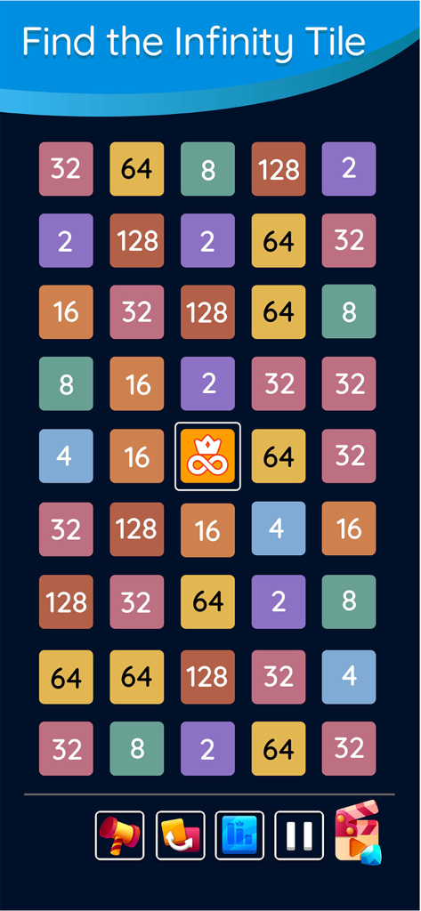 Gameplay screenshot of 2248 Number Puzzle showing a grid of colorful numbered tiles with a central infinity symbol tile