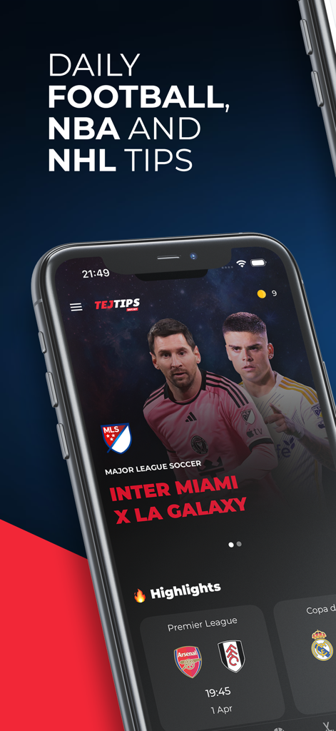 TejTips – Daily Sports Tips - TejTips 모바일 앱 화면, 일일 축구 NBA 및 NHL 팁 표시