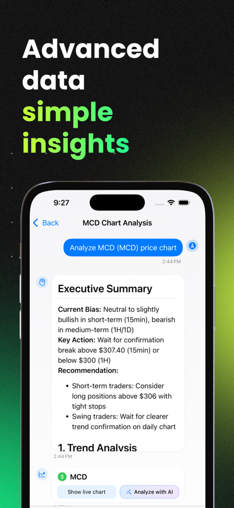 AI Investing: Stocks & Crypto - AI-generated executive summary for stock price chart analysis in the AI Investing app