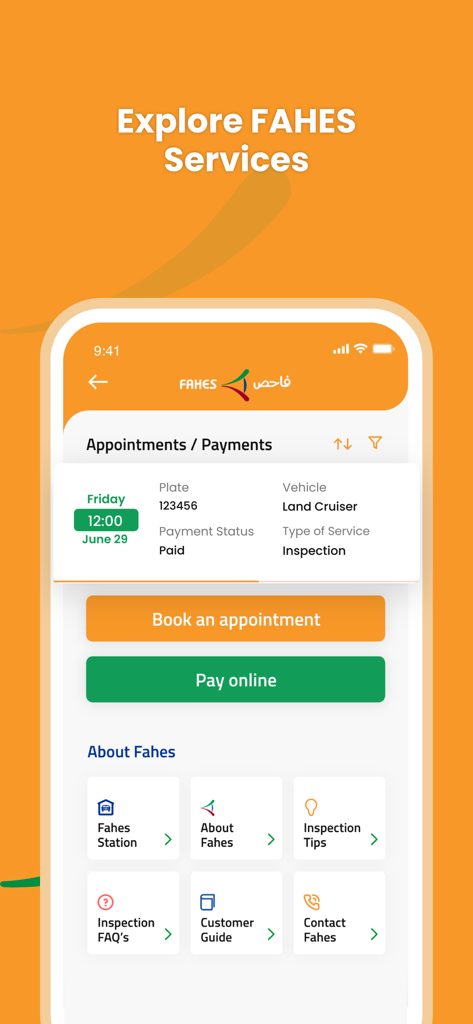 Interfaz de la app WOQOD que muestra los servicios de inspección de vehículos FAHES con opciones para reservar una cita y pagar en línea.