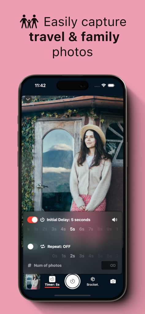 Shutter - Sony Camera Remote - Interface de l'application Shutter pour appareils photo Sony affichant un minuteur de 5 secondes pour les autoportraits.