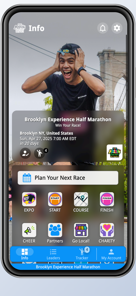 Brooklyn Experience Half - Brooklyn Experience Half app info screen showing race date and event navigation icons
