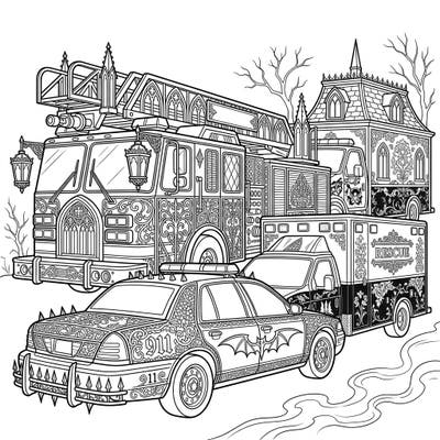 Dive into a thrilling coloring experience where heroic emergency vehicles meet dark gothic elegance. This unique design features intricately detailed fire trucks, ambulances, and police cars, transformed with ornate Victorian patterns.
