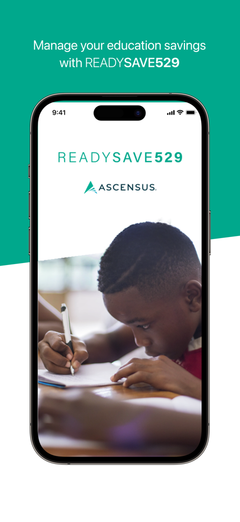 READYSAVE 529 - Tela inicial do aplicativo READYSAVE 529 com uma criança estudando e o logotipo da Ascensus