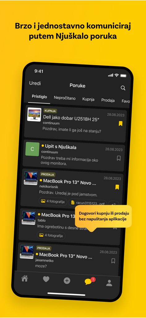Njuškalo - Oberfläche der Njuskalo Mobile App, die eine Liste von Chat-Nachrichten zum Kaufen und Verkaufen von Artikeln im Dunkelmodus zeigt