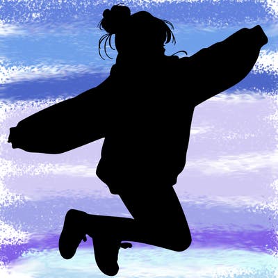 realistic girl jumping with a bun and oversized sweatshirt