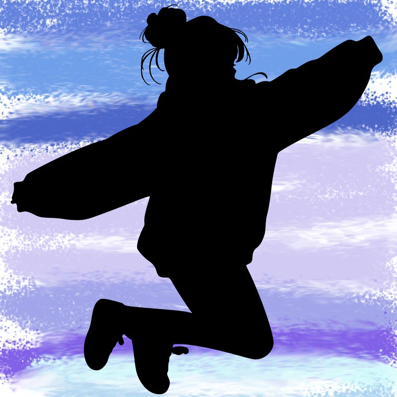 realistic girl jumping with a bun and oversized sweatshirt