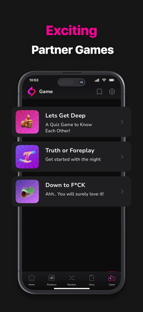 Interfaz de la aplicación móvil que muestra juegos íntimos para parejas como Verdad o Preliminares y Vamos a Profundizar para parejas.