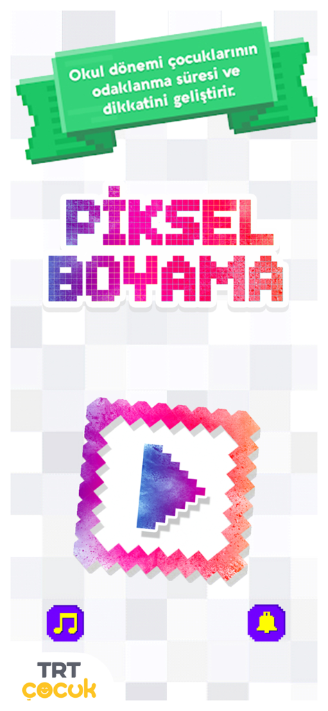 Schermata principale dell'app TRT Pixel Coloring con un grande pulsante play e il titolo colorato in pixel art.