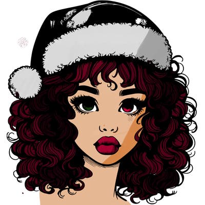 realistic girl with a santa hat curly hair and lips
