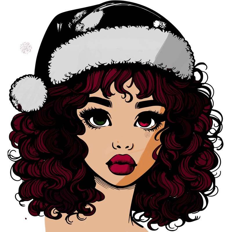 realistic girl with a santa hat curly hair and lips