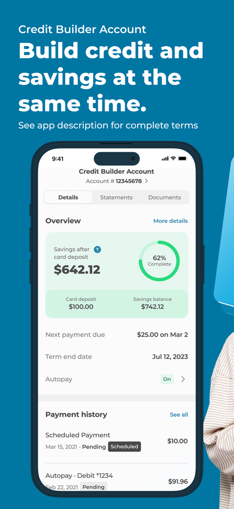 Pantalla de smartphone mostrando el panel de la Cuenta de Creación de Crédito de la aplicación Self con saldo de ahorros e historial de pagos
