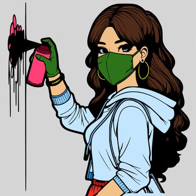 realistic girl with mask spray painting a wall