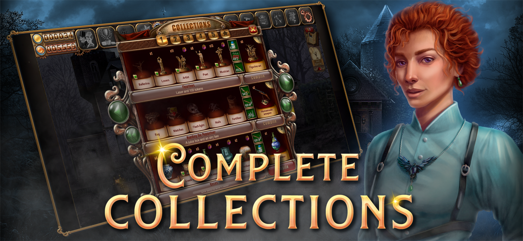 Un personaje junto al menú de colecciones en el juego de objetos ocultos Panic Room House of Secrets